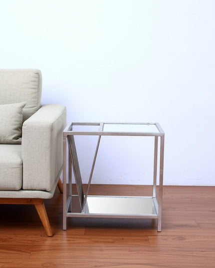 24" Silver Mirrored Glass And Iron End Table With Shelf