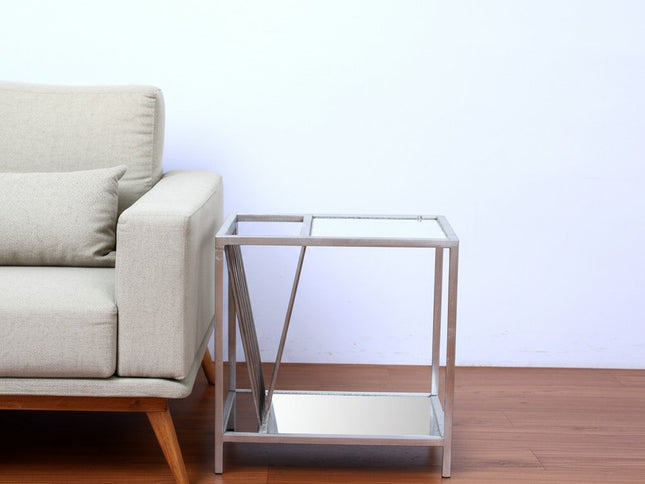 24" Silver Mirrored Glass And Iron End Table With Shelf