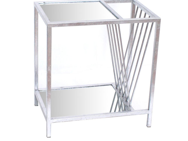 24" Silver Mirrored Glass And Iron End Table With Shelf