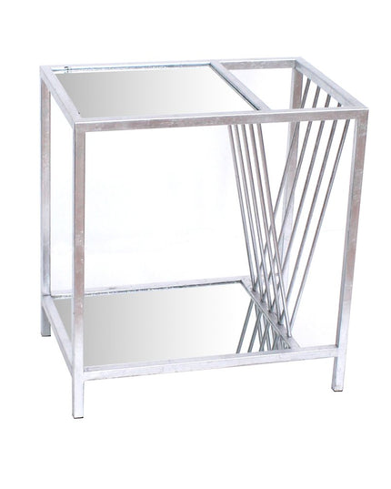 24" Silver Mirrored Glass And Iron End Table With Shelf