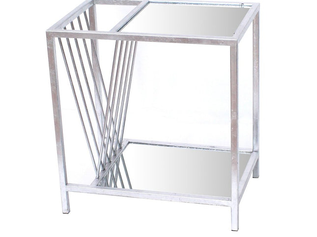 24" Silver Mirrored Glass And Iron End Table With Shelf