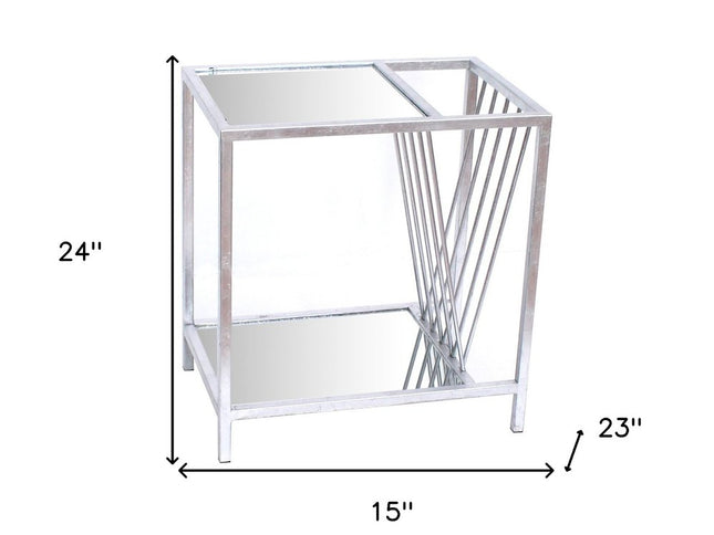 24" Silver Mirrored Glass And Iron End Table With Shelf