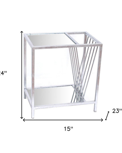 24" Silver Mirrored Glass And Iron End Table With Shelf