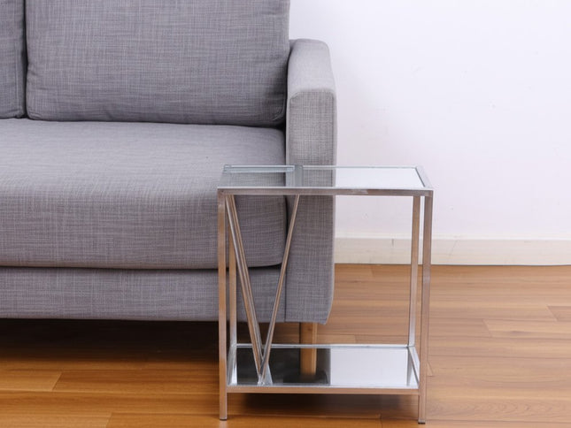 24" Silver Mirrored Glass And Iron End Table With Shelf