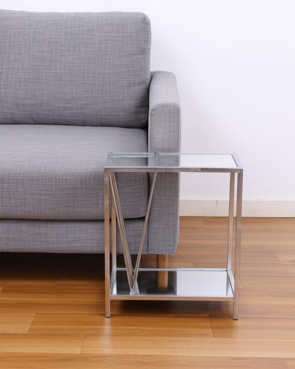 24" Silver Mirrored Glass And Iron End Table With Shelf