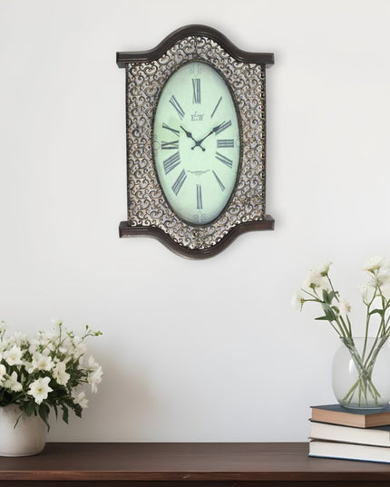 20" Oval Antiqued Bronze Wood and Glass Analog Wall Clock