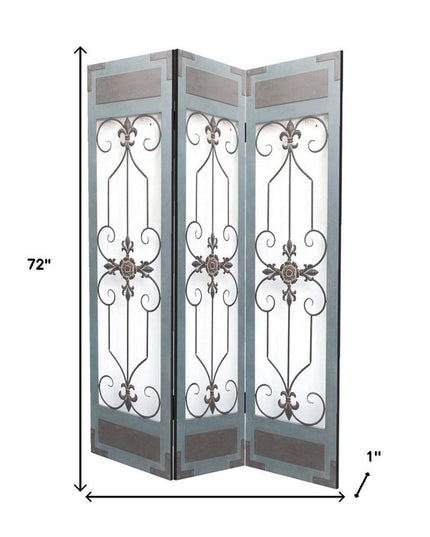 72" Blue Metal Folding Three Panel Screen Room Divider