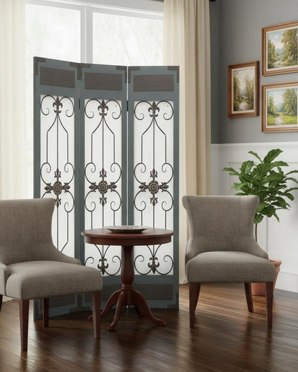 72" Blue Metal Folding Three Panel Screen Room Divider
