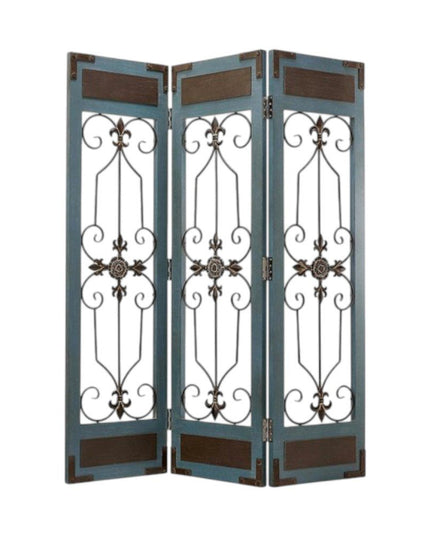 72" Blue Metal Folding Three Panel Screen Room Divider