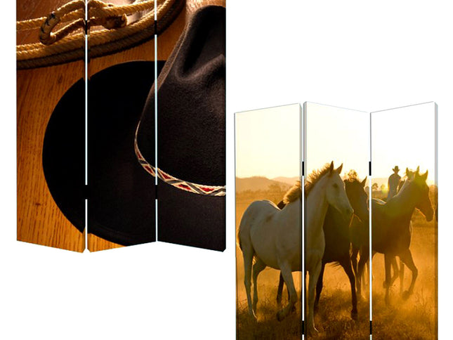 72" Brown and Black Canvas Folding Three Panel Screen Room Divider