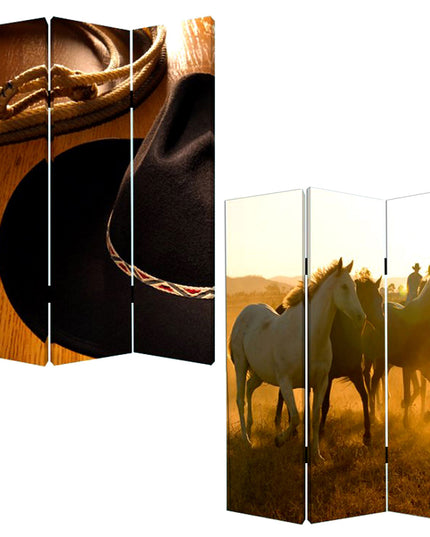 72" Brown and Black Canvas Folding Three Panel Screen Room Divider