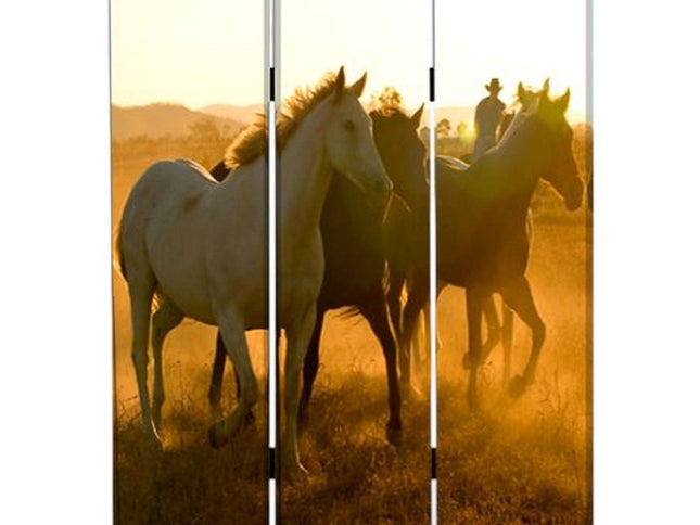 72" Brown and Black Canvas Folding Three Panel Screen Room Divider