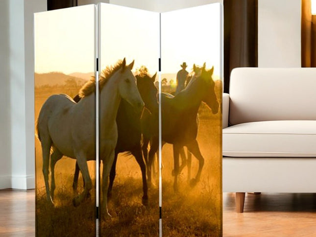 72" Brown and Black Canvas Folding Three Panel Screen Room Divider