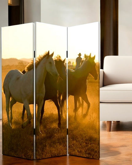 72" Brown and Black Canvas Folding Three Panel Screen Room Divider