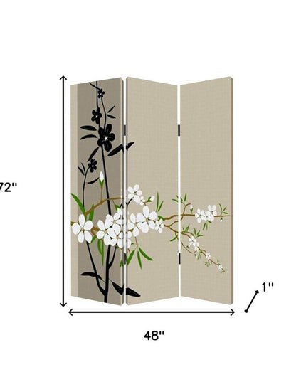 72" Beige Canvas Folding Three Panel Screen Room Divider