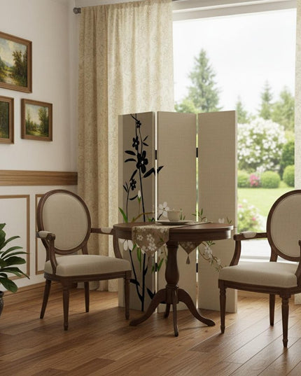 72" Beige Canvas Folding Three Panel Screen Room Divider