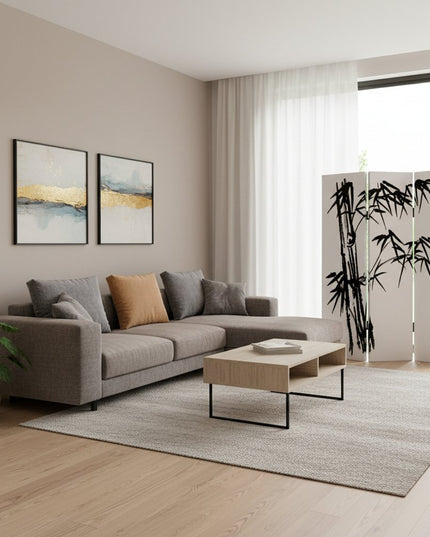 72" Black And White Canvas Folding Three Panel Screen Room Divider