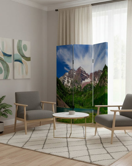 72" Blue And Green Canvas Folding Three Panel Screen Room Divider