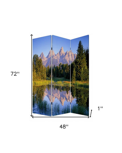72" Blue And Green Canvas Folding Three Panel Screen Room Divider