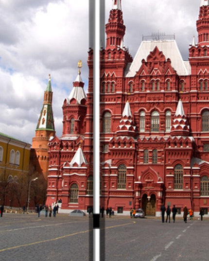 72" Red Blue And Ivory Canvas Folding Three Panel Screen Room Divider