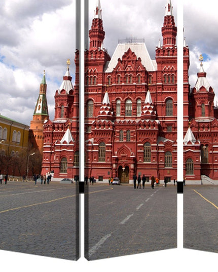 72" Red Blue And Ivory Canvas Folding Three Panel Screen Room Divider