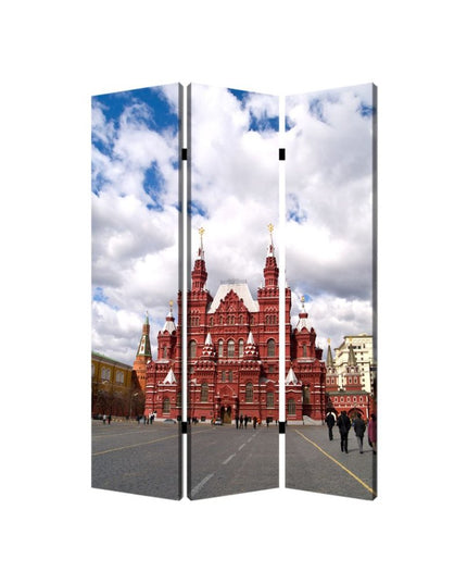 72" Red Blue And Ivory Canvas Folding Three Panel Screen Room Divider