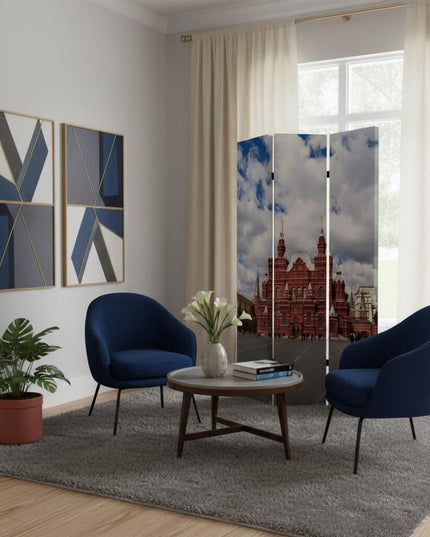 72" Red Blue And Ivory Canvas Folding Three Panel Screen Room Divider