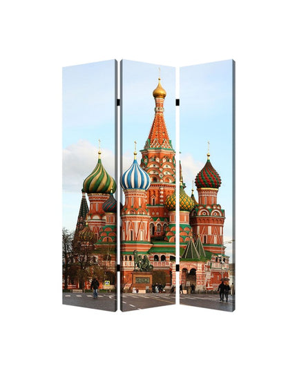 72" Red Blue And Ivory Canvas Folding Three Panel Screen Room Divider