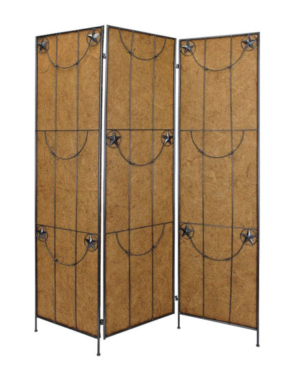 72" Brown Iron Folding Three Panel Screen Room Divider