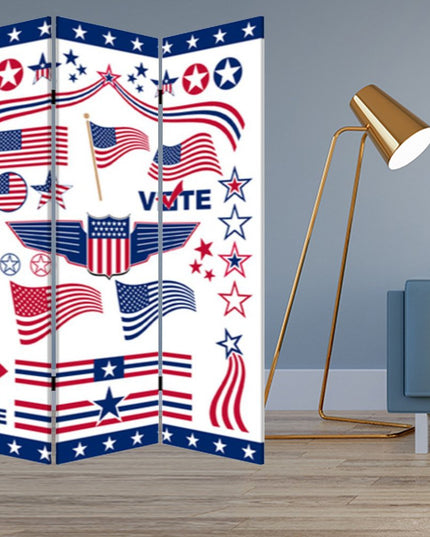 72" Blue and White Canvas Folding Three Panel Screen Room Divider