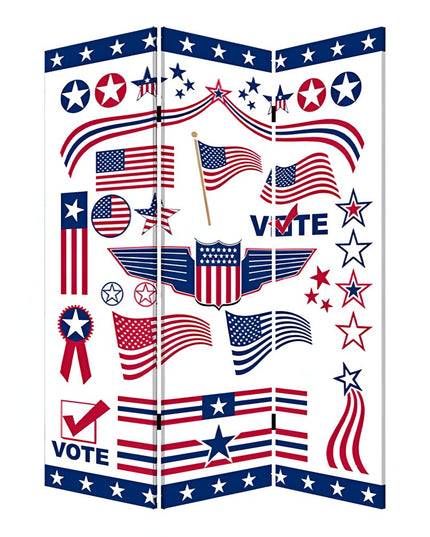 72" Blue and White Canvas Folding Three Panel Screen Room Divider