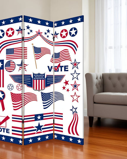 72" Blue and White Canvas Folding Three Panel Screen Room Divider