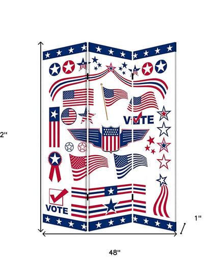 72" Blue and White Canvas Folding Three Panel Screen Room Divider