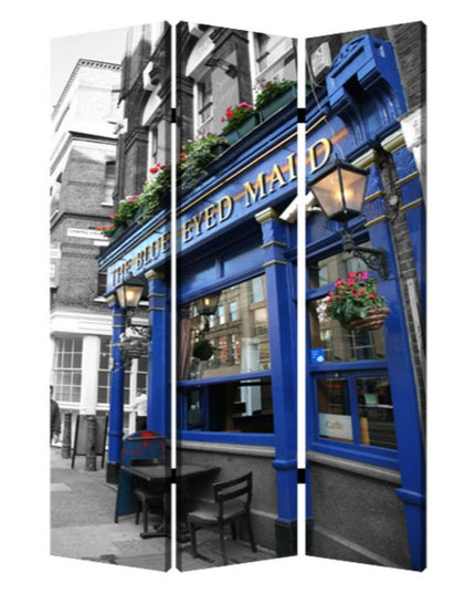 72" Blue And Gray Canvas Folding Three Panel Screen Room Divider