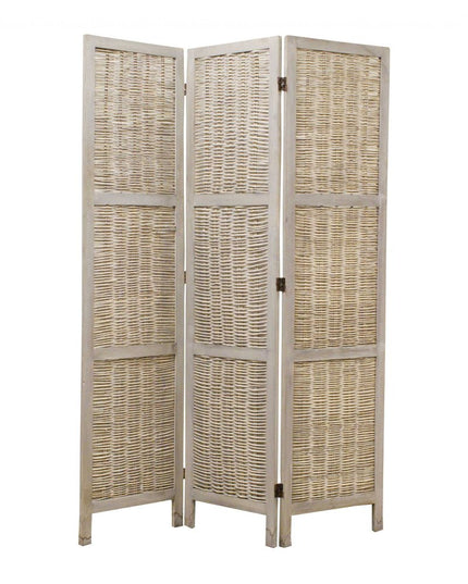67" Beige Wood Folding Three Panel Screen Room Divider