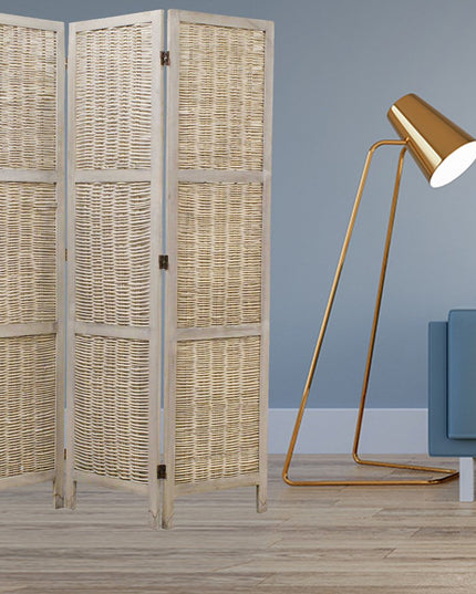 67" Beige Wood Folding Three Panel Screen Room Divider