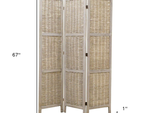 67" Beige Wood Folding Three Panel Screen Room Divider