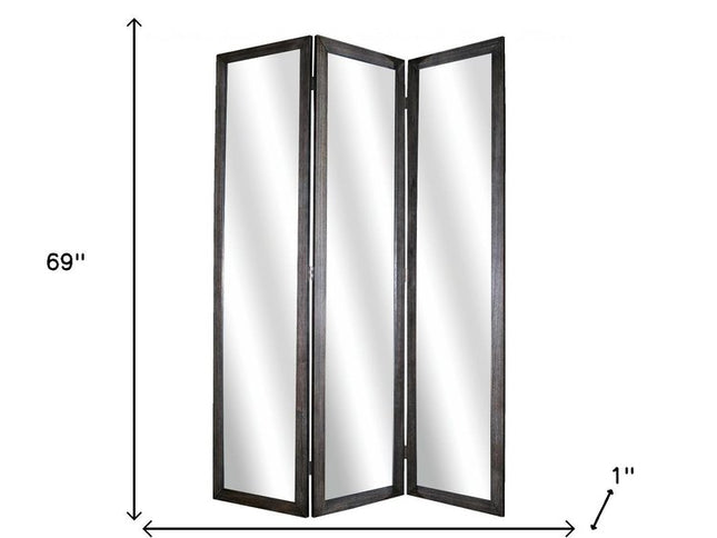 69" Black Wood and Mirrored Glass Folding Three Panel Screen Room Divider