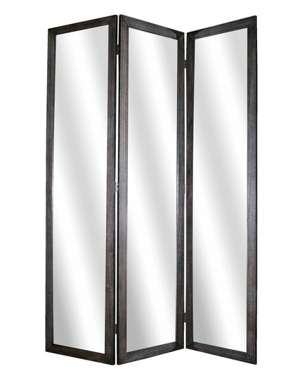 69" Black Wood and Mirrored Glass Folding Three Panel Screen Room Divider