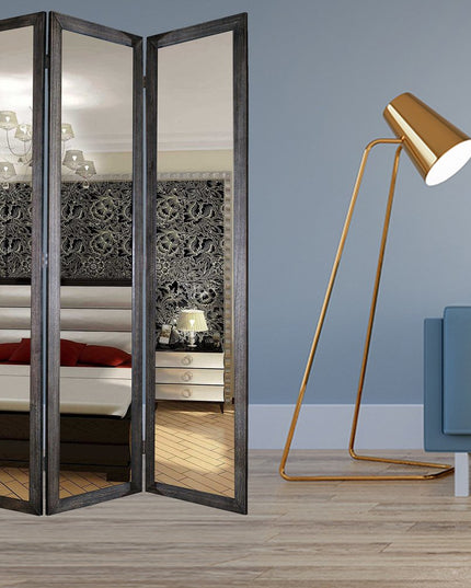 69" Black Wood and Mirrored Glass Folding Three Panel Screen Room Divider