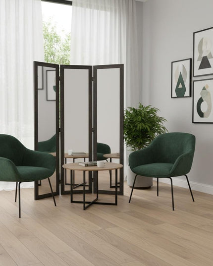 69" Black Wood and Mirrored Glass Folding Three Panel Screen Room Divider