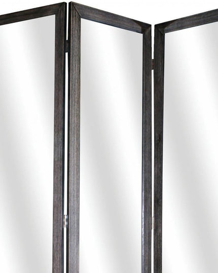 69" Black Wood and Mirrored Glass Folding Three Panel Screen Room Divider