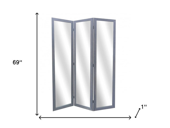 69" Black Wood and Mirrored Glass Folding Three Panel Screen Room Divider