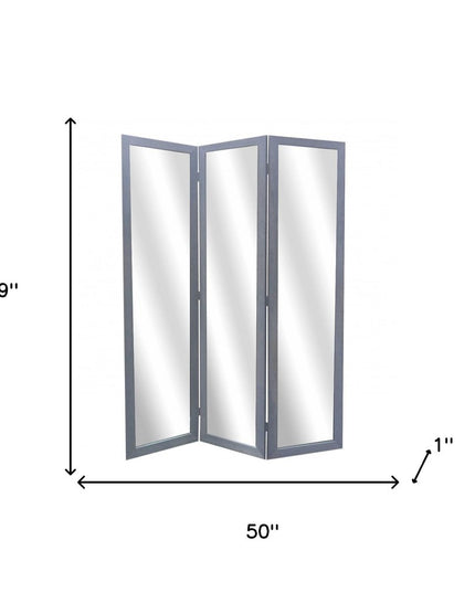 69" Black Wood and Mirrored Glass Folding Three Panel Screen Room Divider