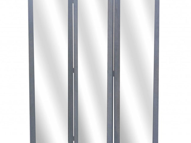 69" Black Wood and Mirrored Glass Folding Three Panel Screen Room Divider