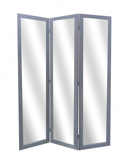 69" Black Wood and Mirrored Glass Folding Three Panel Screen Room Divider