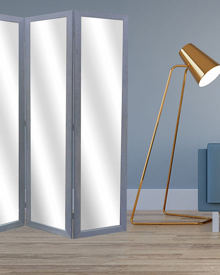 69" Black Wood and Mirrored Glass Folding Three Panel Screen Room Divider