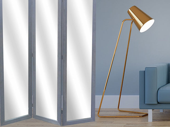 69" Gray Glass Folding Three Panel Screen Room Divider