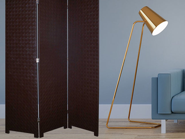 71" Brown Faux Leather Folding Three Panel Screen Room Divider