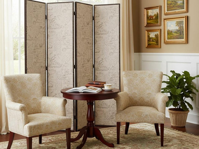 84" Beige Fabric Folding Four Panel Screen Room Divider